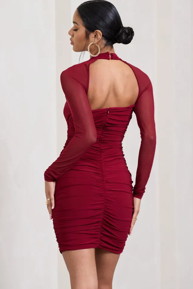 Eyes On You | Berry Long Sleeve Halter Neck Mini Dress