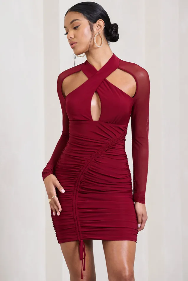 Eyes On You | Berry Long Sleeve Halter Neck Mini Dress
