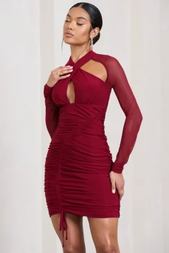 Eyes On You | Berry Long Sleeve Halter Neck Mini Dress