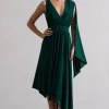 Fable | Bottle Green Plunge-Neck Maxi Dress With Cape Sleeve
