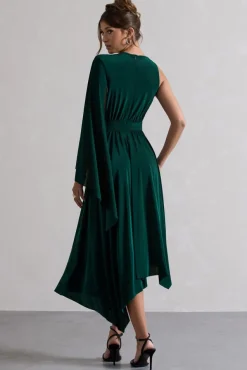 Fable | Bottle Green Plunge-Neck Maxi Dress With Cape Sleeve