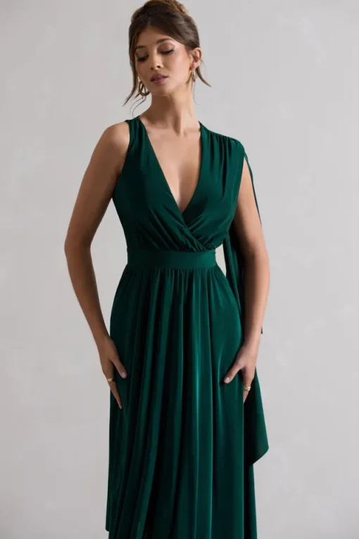Fable | Bottle Green Plunge-Neck Maxi Dress With Cape Sleeve