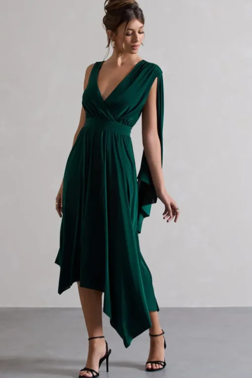 Fable | Bottle Green Plunge-Neck Maxi Dress With Cape Sleeve