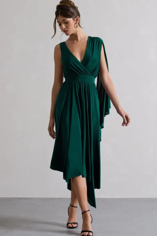 Fable | Bottle Green Plunge-Neck Maxi Dress With Cape Sleeve