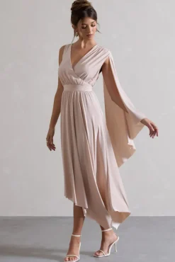 Fable | Champagne Plunge-Neck Maxi Dress With Cape Sleeve