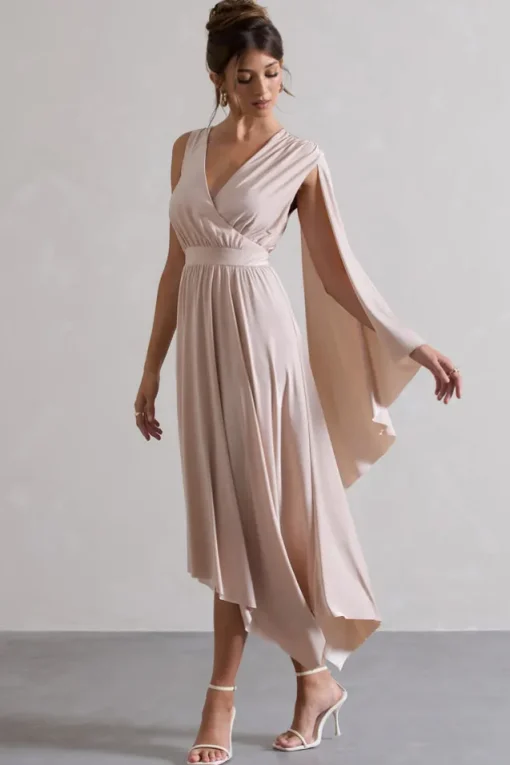 Fable | Champagne Plunge-Neck Maxi Dress With Cape Sleeve