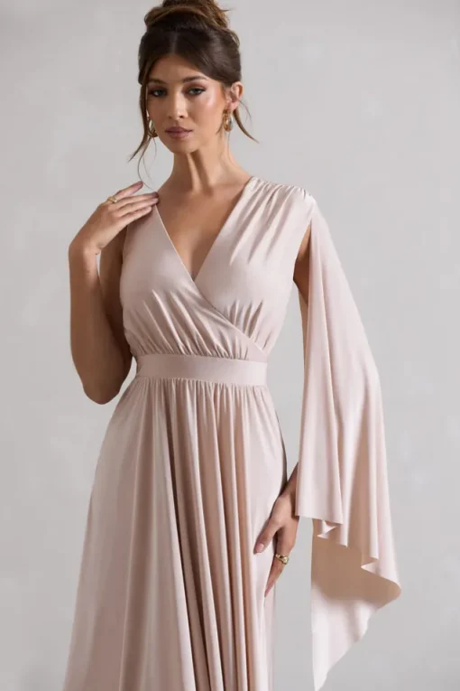 Fable | Champagne Plunge-Neck Maxi Dress With Cape Sleeve
