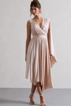 Fable | Champagne Plunge-Neck Maxi Dress With Cape Sleeve