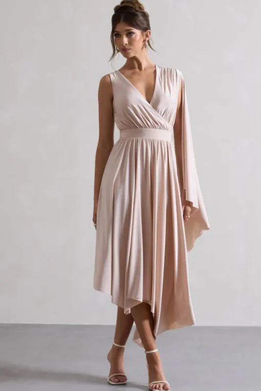 Fable | Champagne Plunge-Neck Maxi Dress With Cape Sleeve