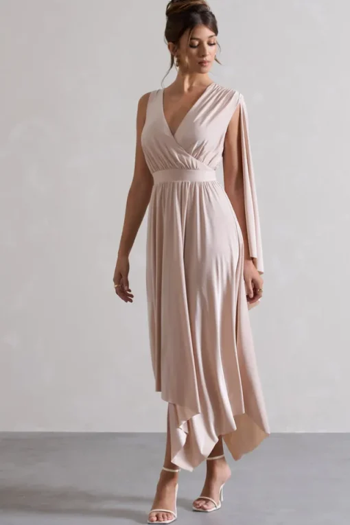 Fable | Champagne Plunge-Neck Maxi Dress With Cape Sleeve