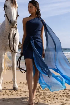 Faded | Blue Ombre One Shoulder Wrap Maxi Dress With Drape