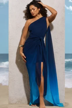 Faded | Blue Ombre One Shoulder Wrap Maxi Dress With Drape