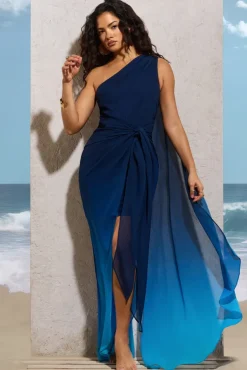 Faded | Blue Ombre One Shoulder Wrap Maxi Dress With Drape
