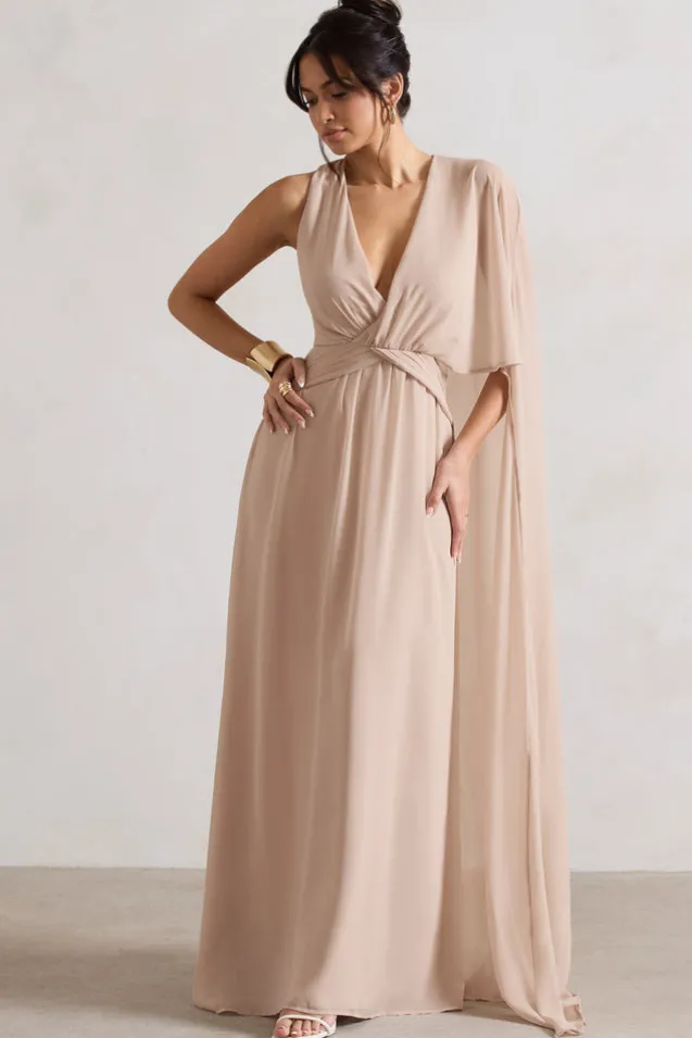 Fairytale | Champagne Plunge-Neck Chiffon Maxi Dress With Cape Sleeve