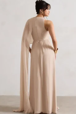 Fairytale | Champagne Plunge-Neck Chiffon Maxi Dress With Cape Sleeve