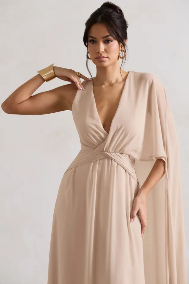 Fairytale | Champagne Plunge-Neck Chiffon Maxi Dress With Cape Sleeve