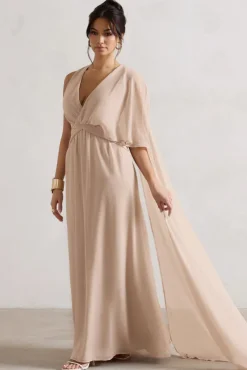 Fairytale | Champagne Plunge-Neck Chiffon Maxi Dress With Cape Sleeve
