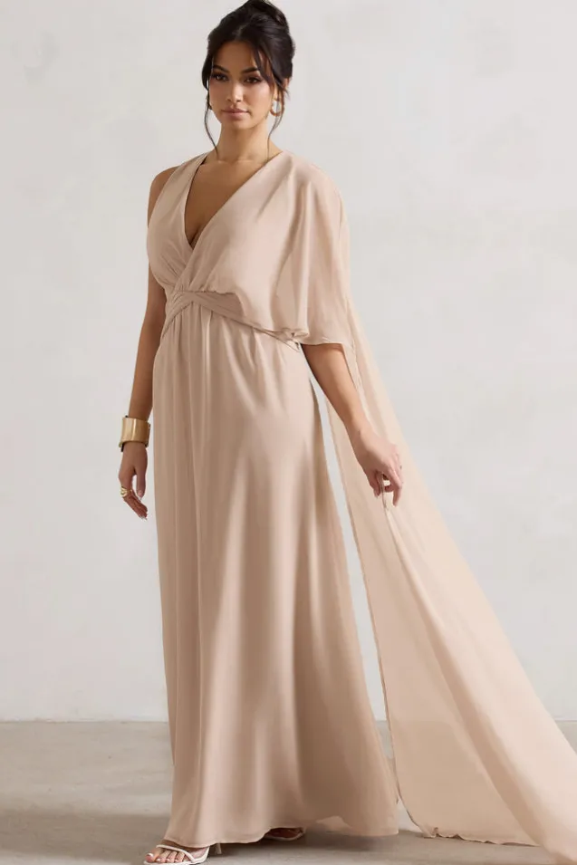 Fairytale | Champagne Plunge-Neck Chiffon Maxi Dress With Cape Sleeve