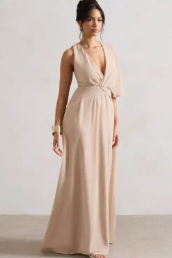 Fairytale | Champagne Plunge-Neck Chiffon Maxi Dress With Cape Sleeve