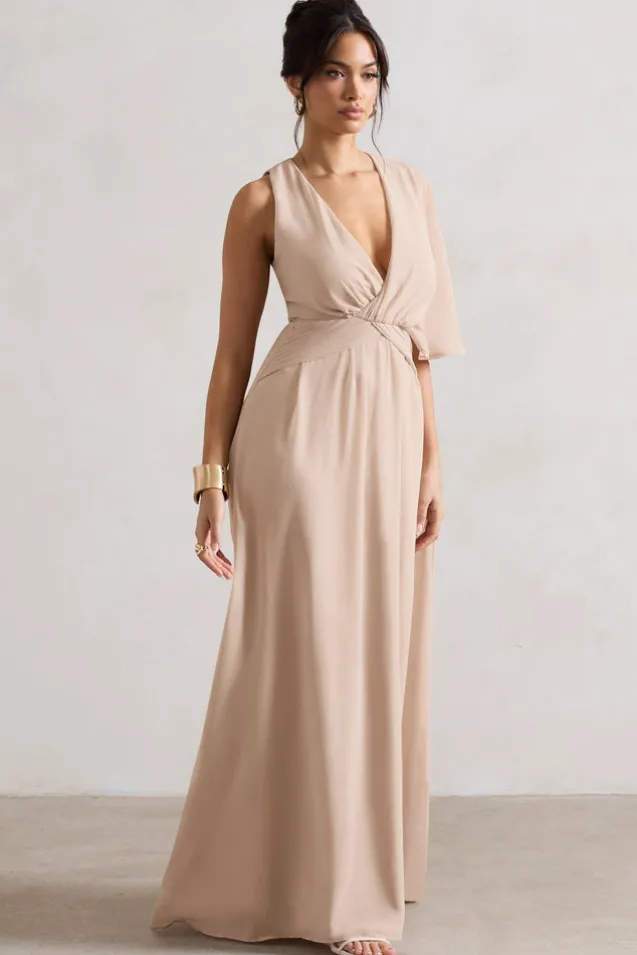 Fairytale | Champagne Plunge-Neck Chiffon Maxi Dress With Cape Sleeve