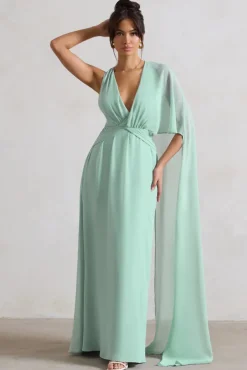 Fairytale | Sage Plunge-Neck Chiffon Maxi Dress With Cape Sleeve