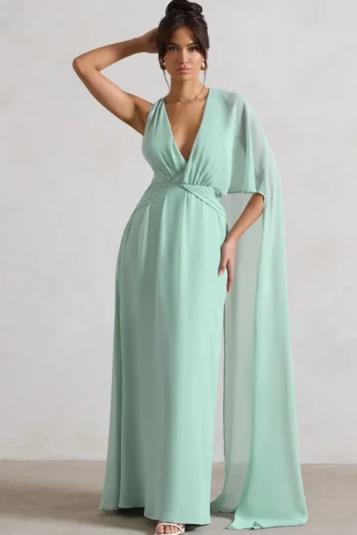 Fairytale | Sage Plunge-Neck Chiffon Maxi Dress With Cape Sleeve
