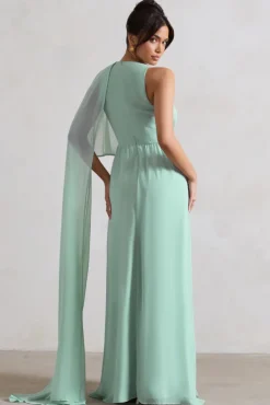 Fairytale | Sage Plunge-Neck Chiffon Maxi Dress With Cape Sleeve