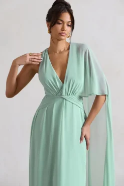 Fairytale | Sage Plunge-Neck Chiffon Maxi Dress With Cape Sleeve