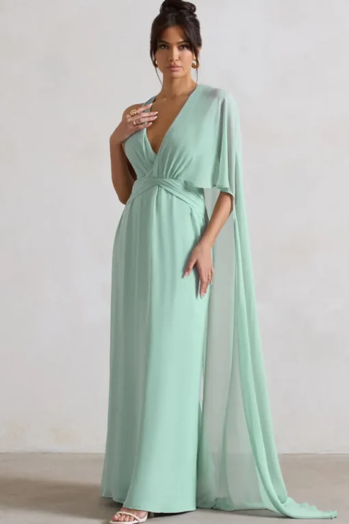 Fairytale | Sage Plunge-Neck Chiffon Maxi Dress With Cape Sleeve