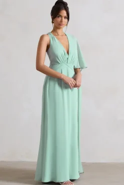 Fairytale | Sage Plunge-Neck Chiffon Maxi Dress With Cape Sleeve