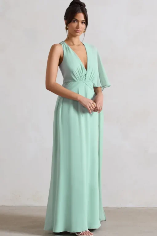 Fairytale | Sage Plunge-Neck Chiffon Maxi Dress With Cape Sleeve