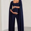 Faith | Navy Square-Neck Straight-Leg Maternity Jumpsuit With Cape Sleeves
