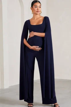 Faith | Navy Square-Neck Straight-Leg Maternity Jumpsuit With Cape Sleeves