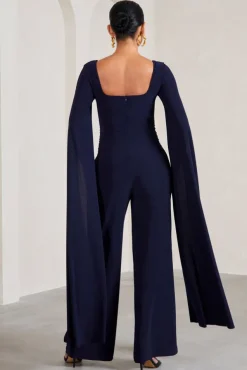 Faith | Navy Square-Neck Straight-Leg Maternity Jumpsuit With Cape Sleeves