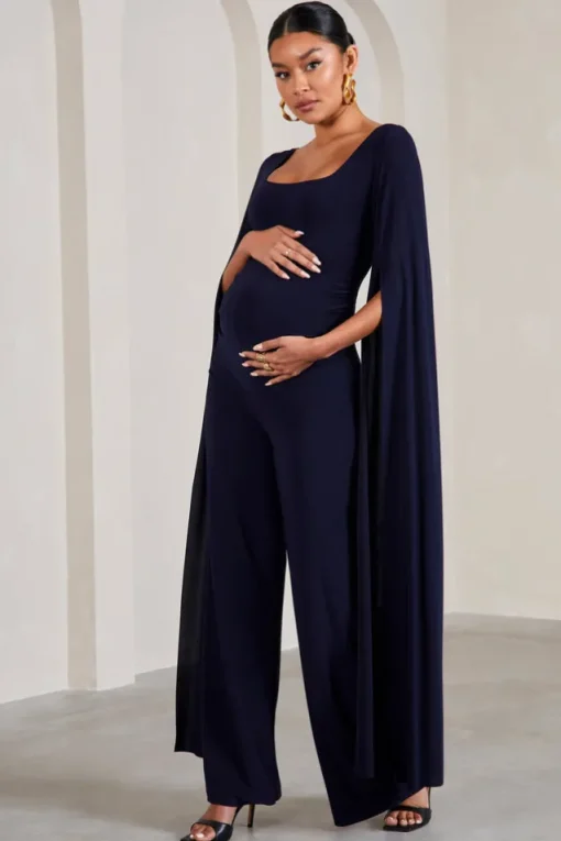 Faith | Navy Square-Neck Straight-Leg Maternity Jumpsuit With Cape Sleeves