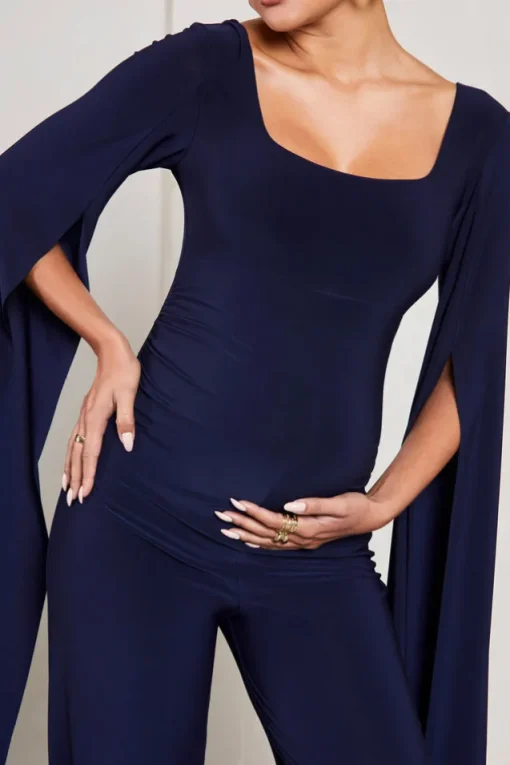 Faith | Navy Square-Neck Straight-Leg Maternity Jumpsuit With Cape Sleeves