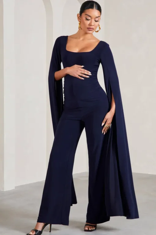 Faith | Navy Square-Neck Straight-Leg Maternity Jumpsuit With Cape Sleeves