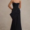 Fallen | Black Strapless Corset Maxi Dress With Drape