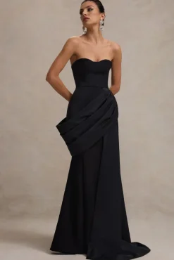 Fallen | Black Strapless Corset Maxi Dress With Drape