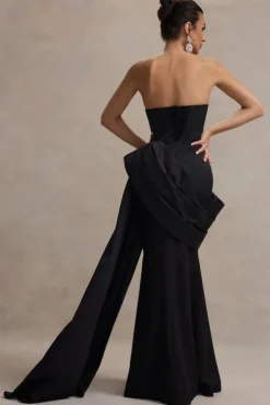 Fallen | Black Strapless Corset Maxi Dress With Drape