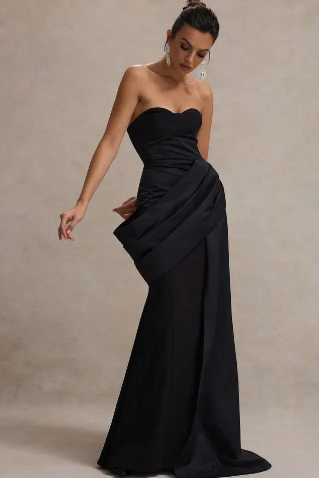 Fallen | Black Strapless Corset Maxi Dress With Drape