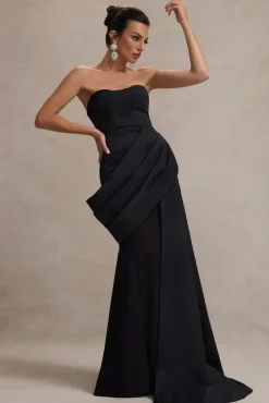 Fallen | Black Strapless Corset Maxi Dress With Drape
