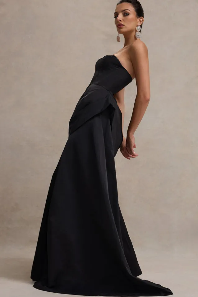 Fallen | Black Strapless Corset Maxi Dress With Drape