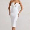 Fanciful | White Bodycon V-Neck Midi Dress With Flowers
