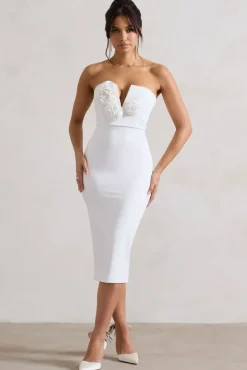 Fanciful | White Bodycon V-Neck Midi Dress With Flowers