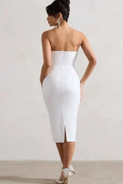 Fanciful | White Bodycon V-Neck Midi Dress With Flowers