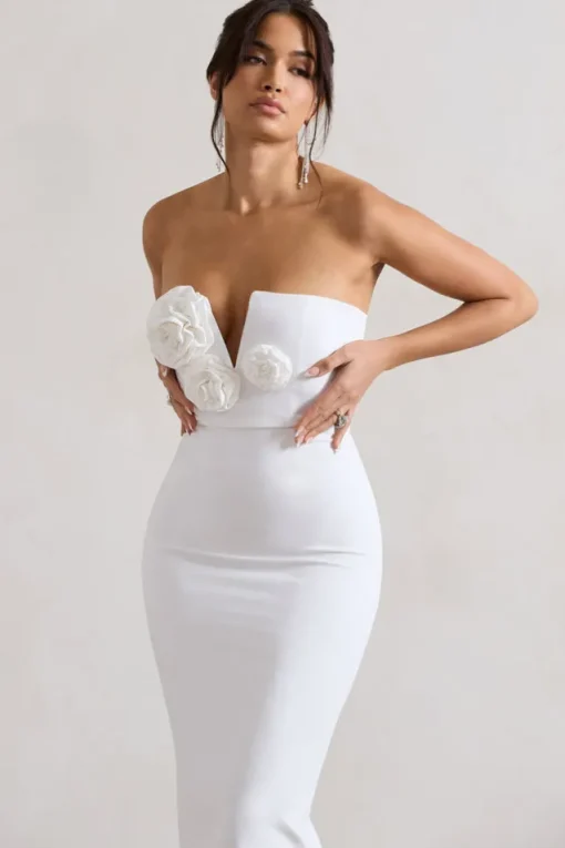 Fanciful | White Bodycon V-Neck Midi Dress With Flowers