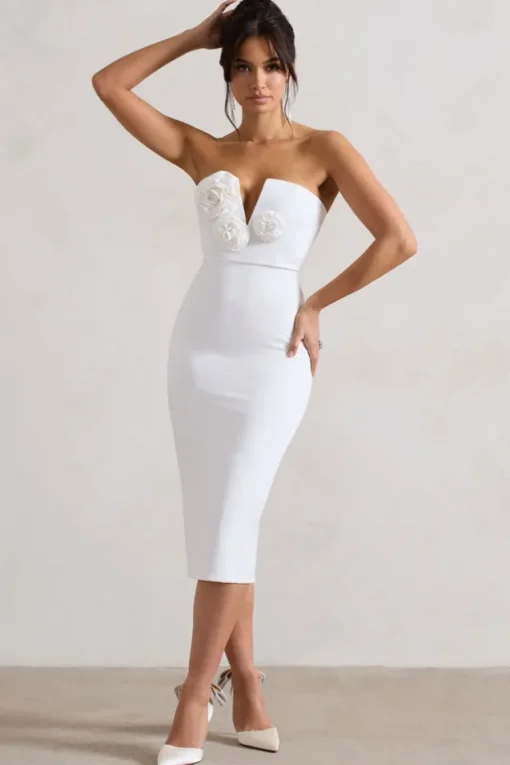 Fanciful | White Bodycon V-Neck Midi Dress With Flowers