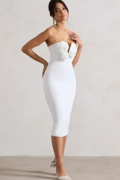 Fanciful | White Bodycon V-Neck Midi Dress With Flowers