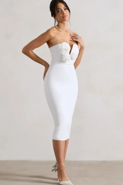 Fanciful | White Bodycon V-Neck Midi Dress With Flowers